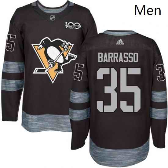 Mens Adidas Pittsburgh Penguins 35 Tom Barrasso Authentic Black 1917 2017 100th Anniversary NHL Jersey
